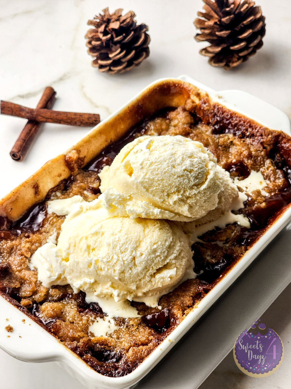Peach Cobbler For One on Gold Marble