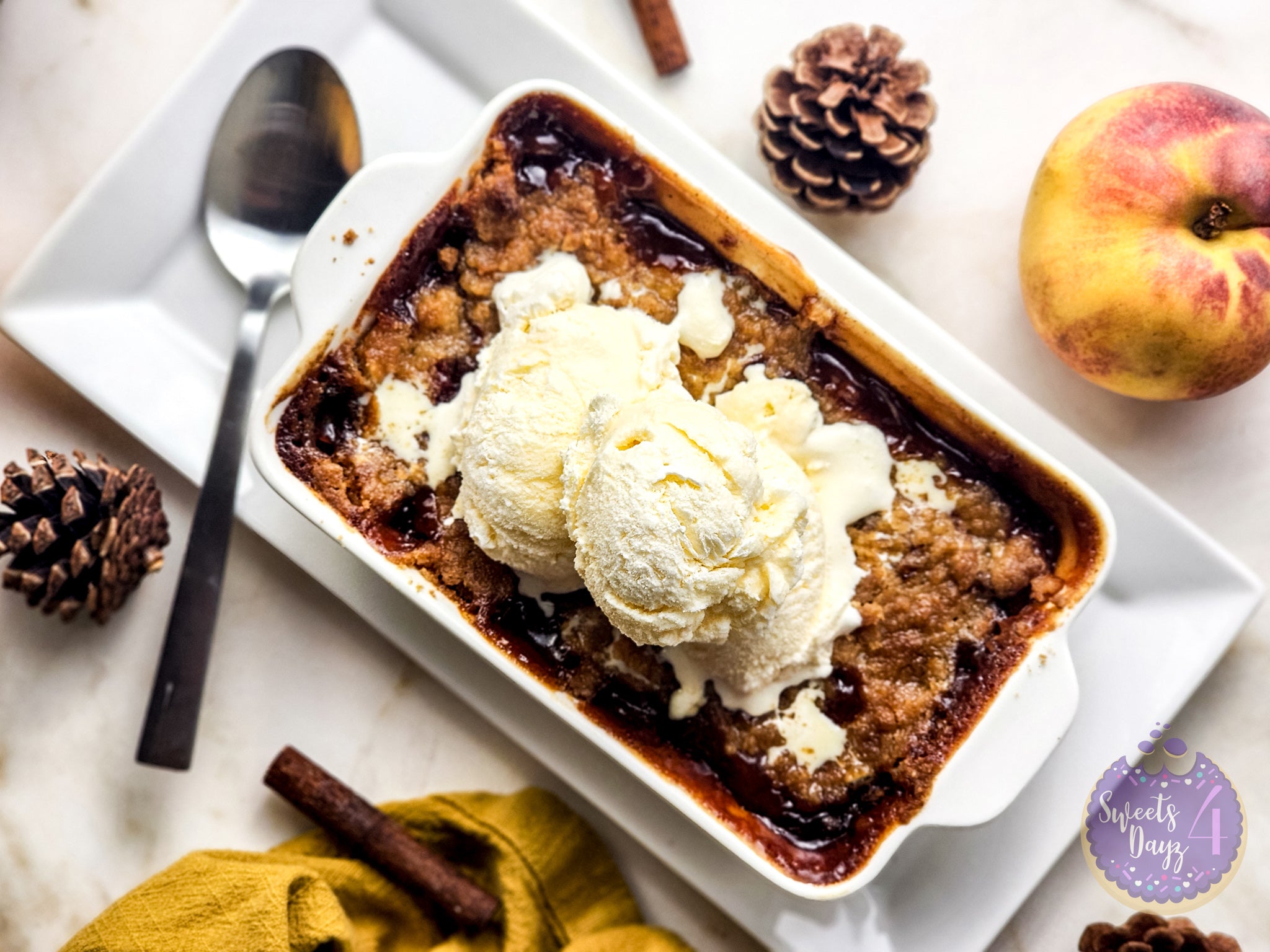 Peach Cobbler For One on Gold Marble