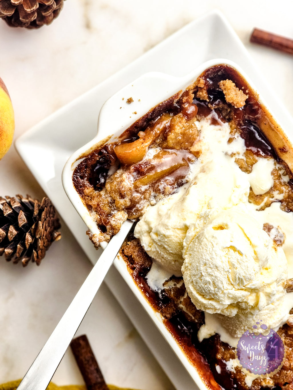 Peach Cobbler For One on Gold Marble
