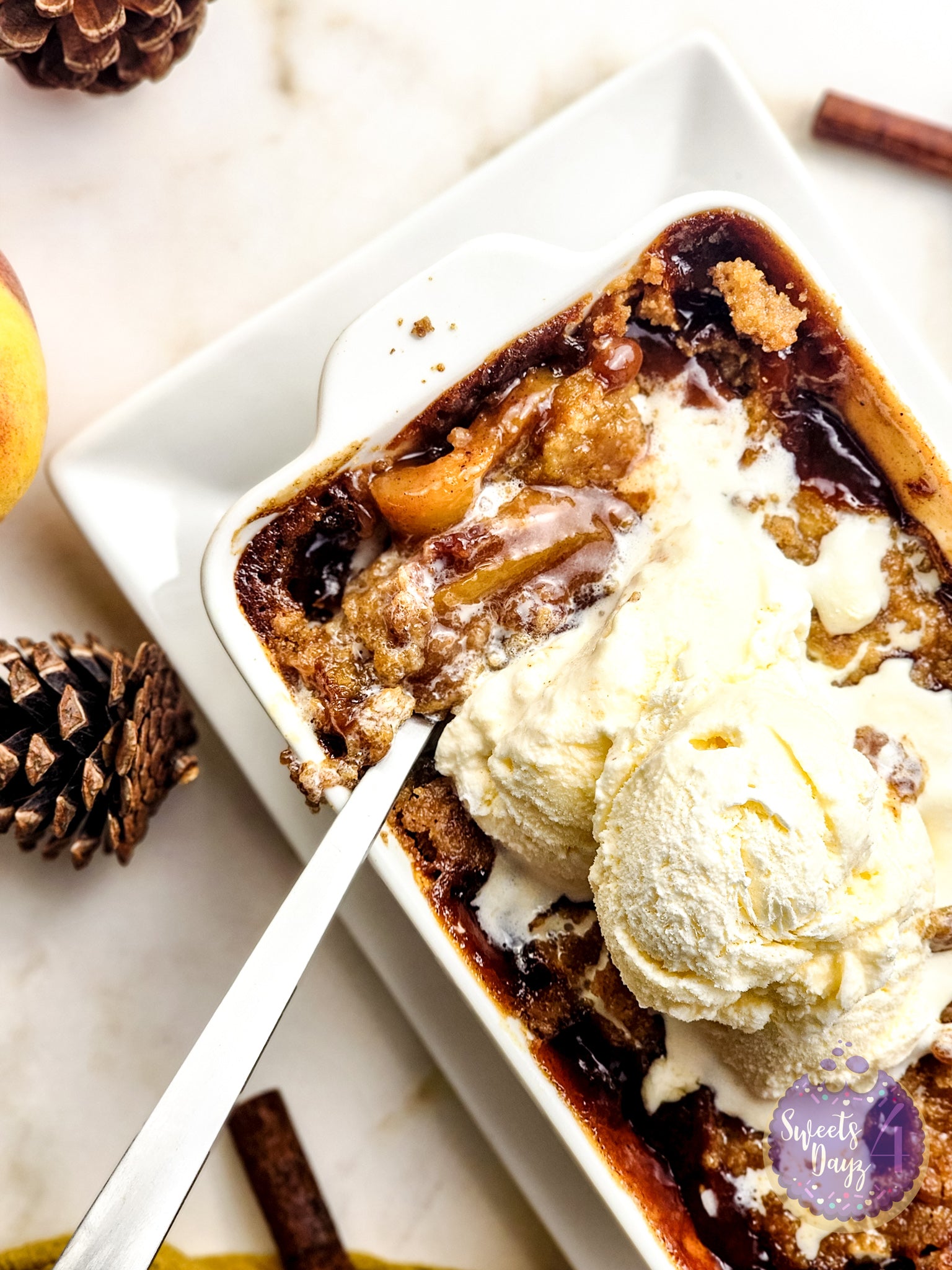 Peach Cobbler For One on Gold Marble