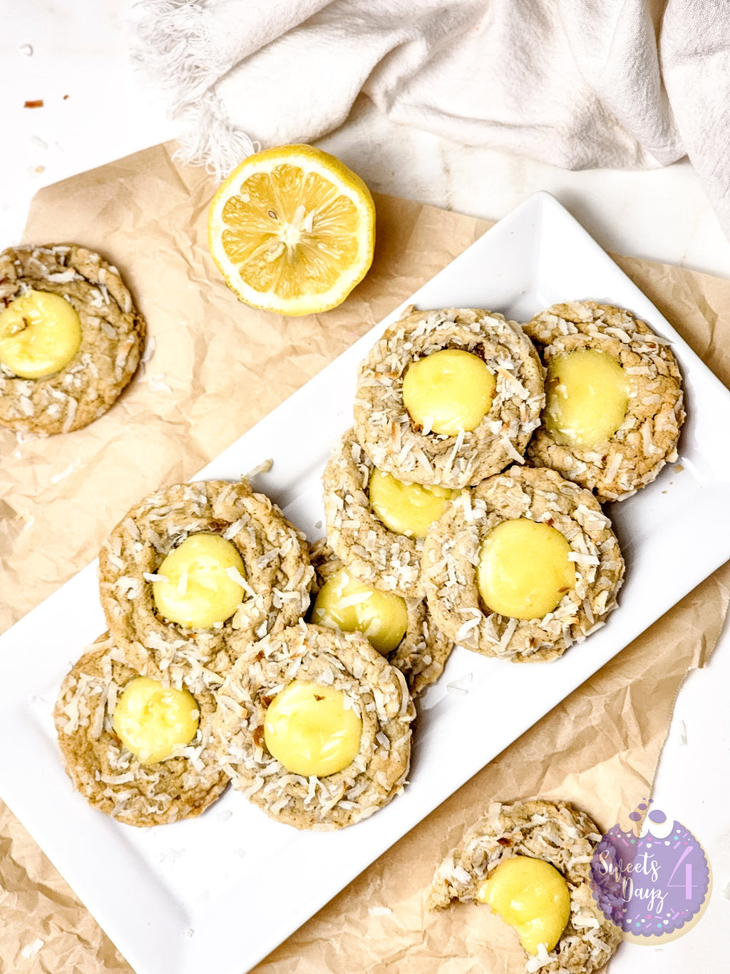 Coconut Lemon Curd Cookies on Gold Marble
