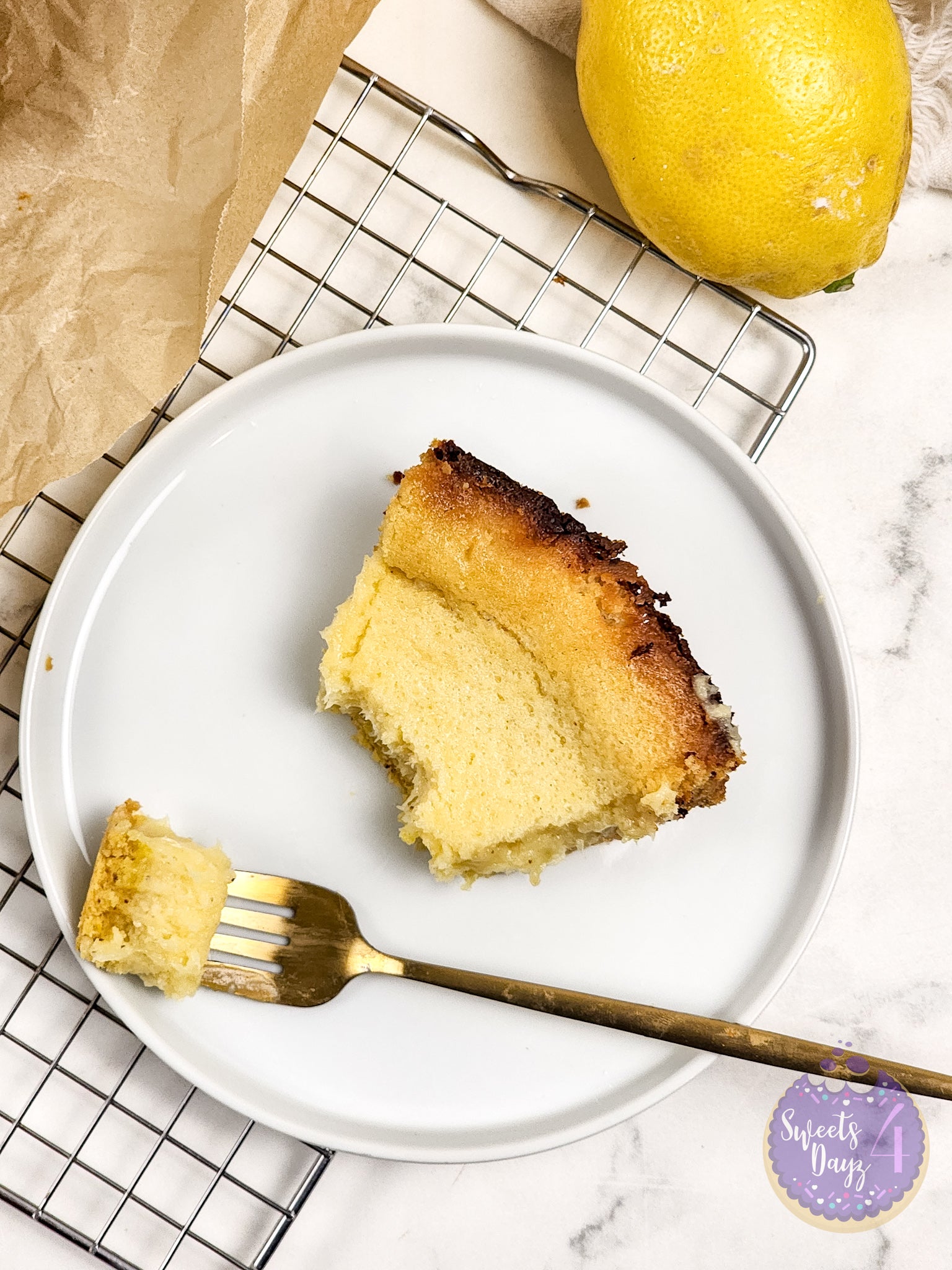 Lemon Gooey Butter Cake on Marble
