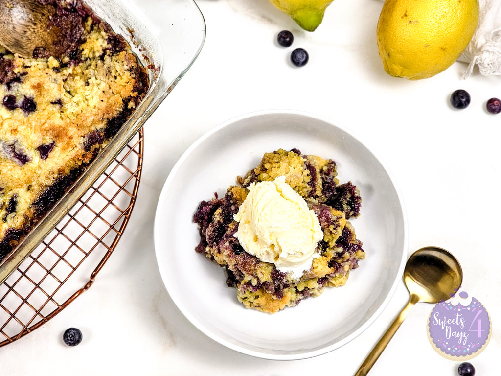 Lemon Blueberry Dump Cake on Gold Marble