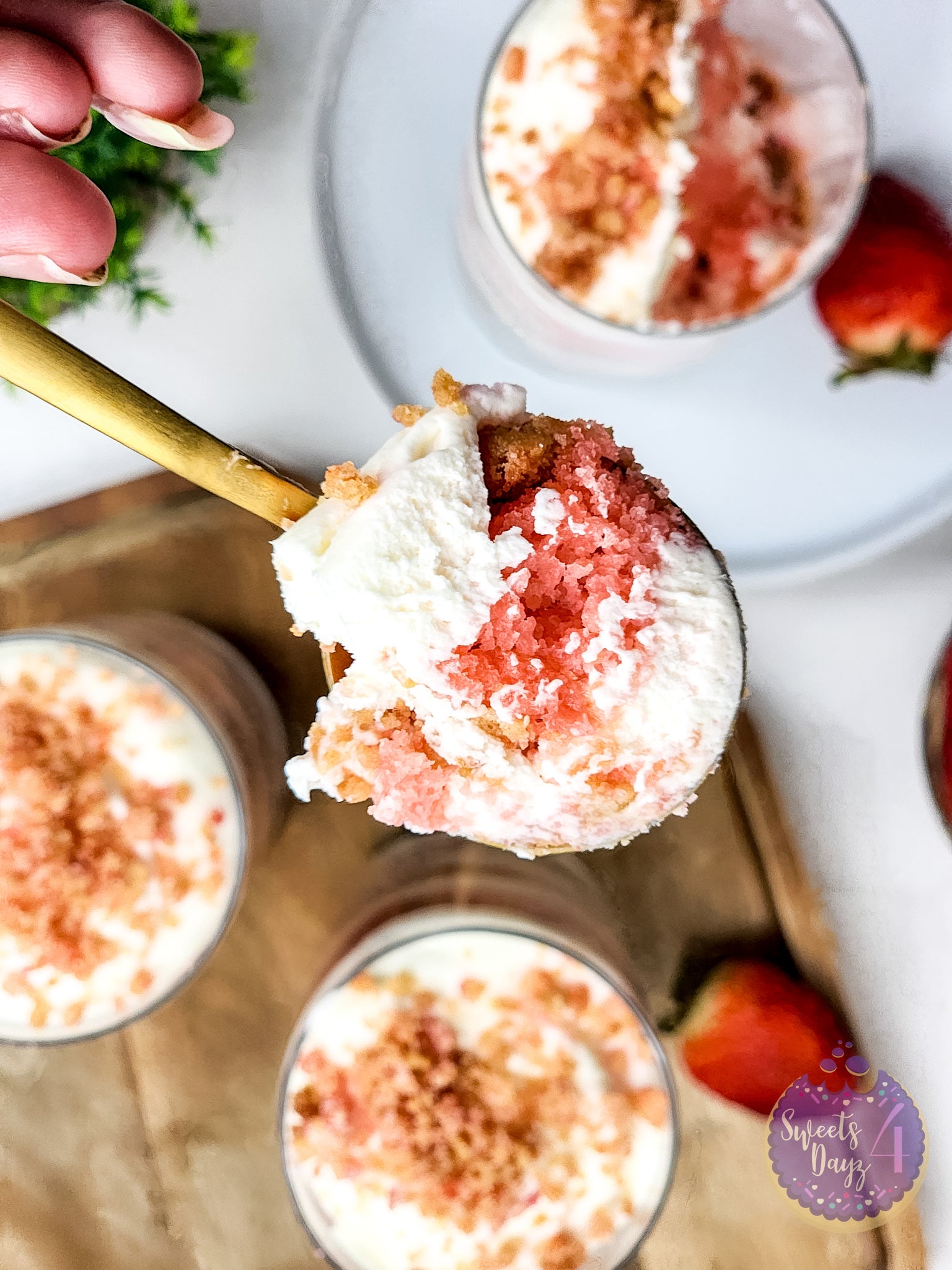 Strawberry Crunch Parfait on Gold Marble