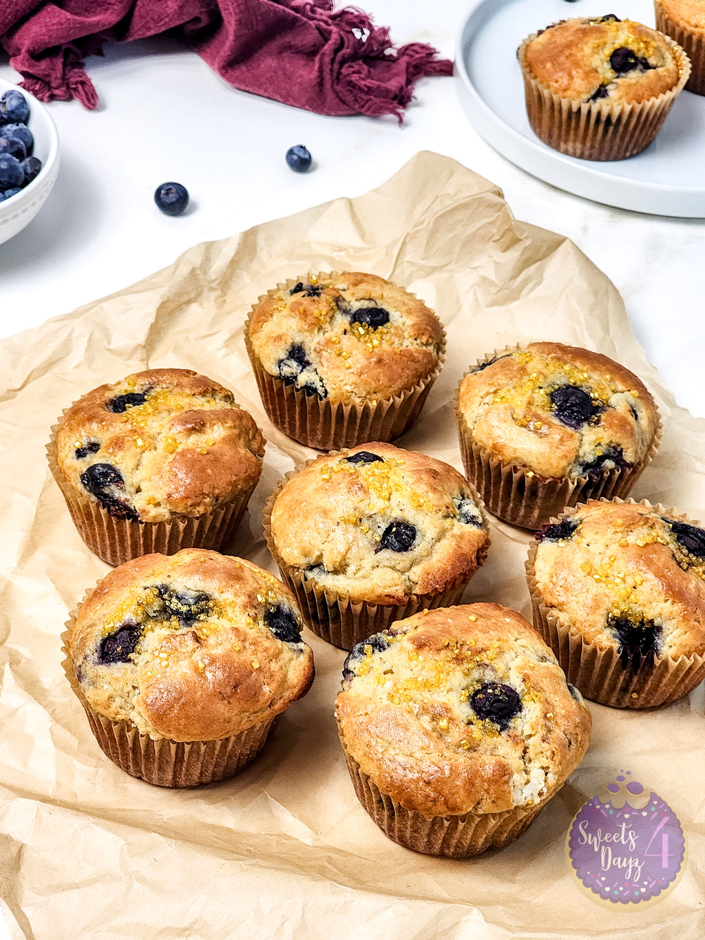 Protein Blueberry Muffins on Gold Marble