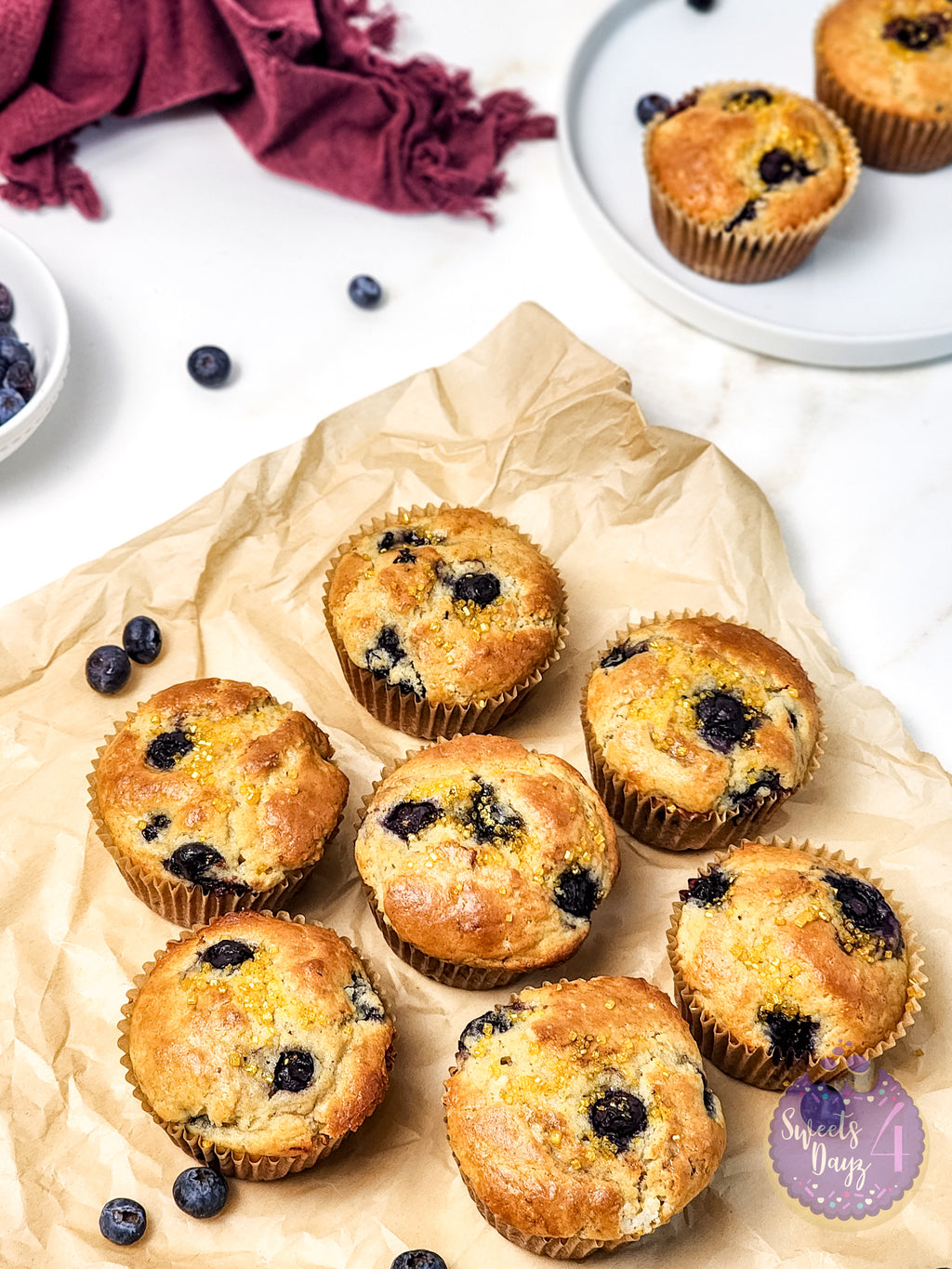 Protein Blueberry Muffins on Gold Marble