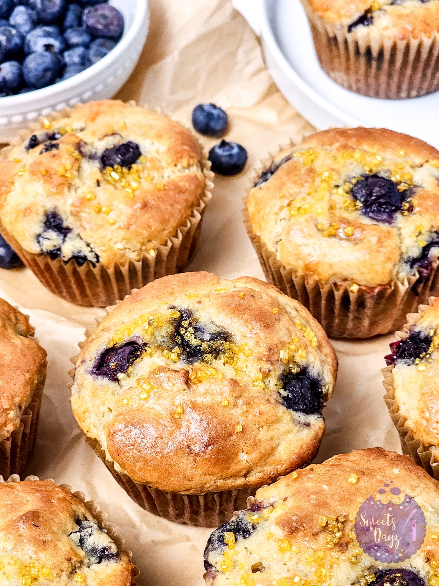 Protein Blueberry Muffins on Gold Marble