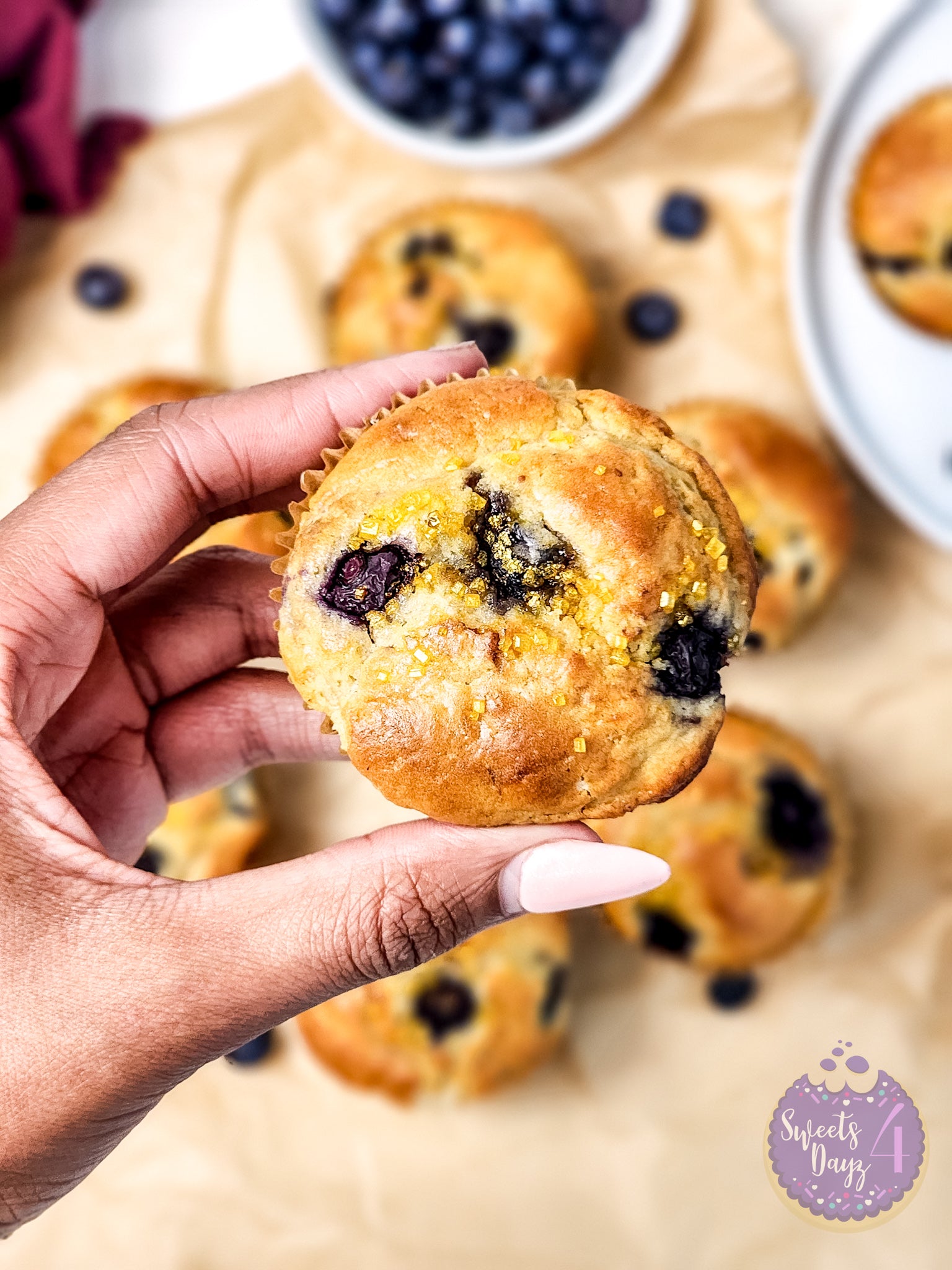 Protein Blueberry Muffins on Gold Marble