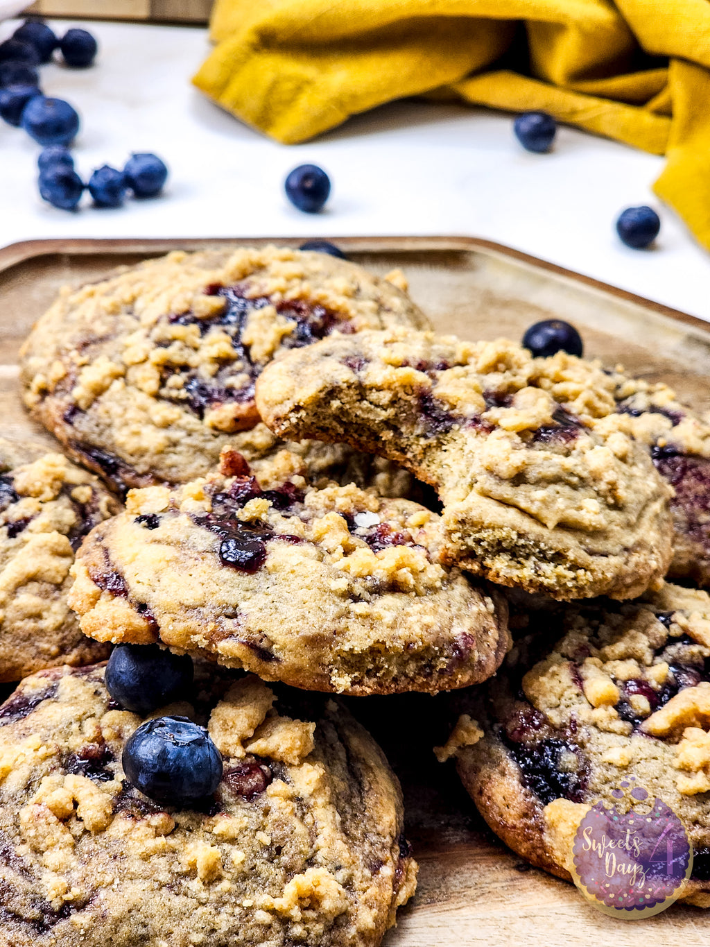 Blueberry Crumble Cookies on Gold Marble