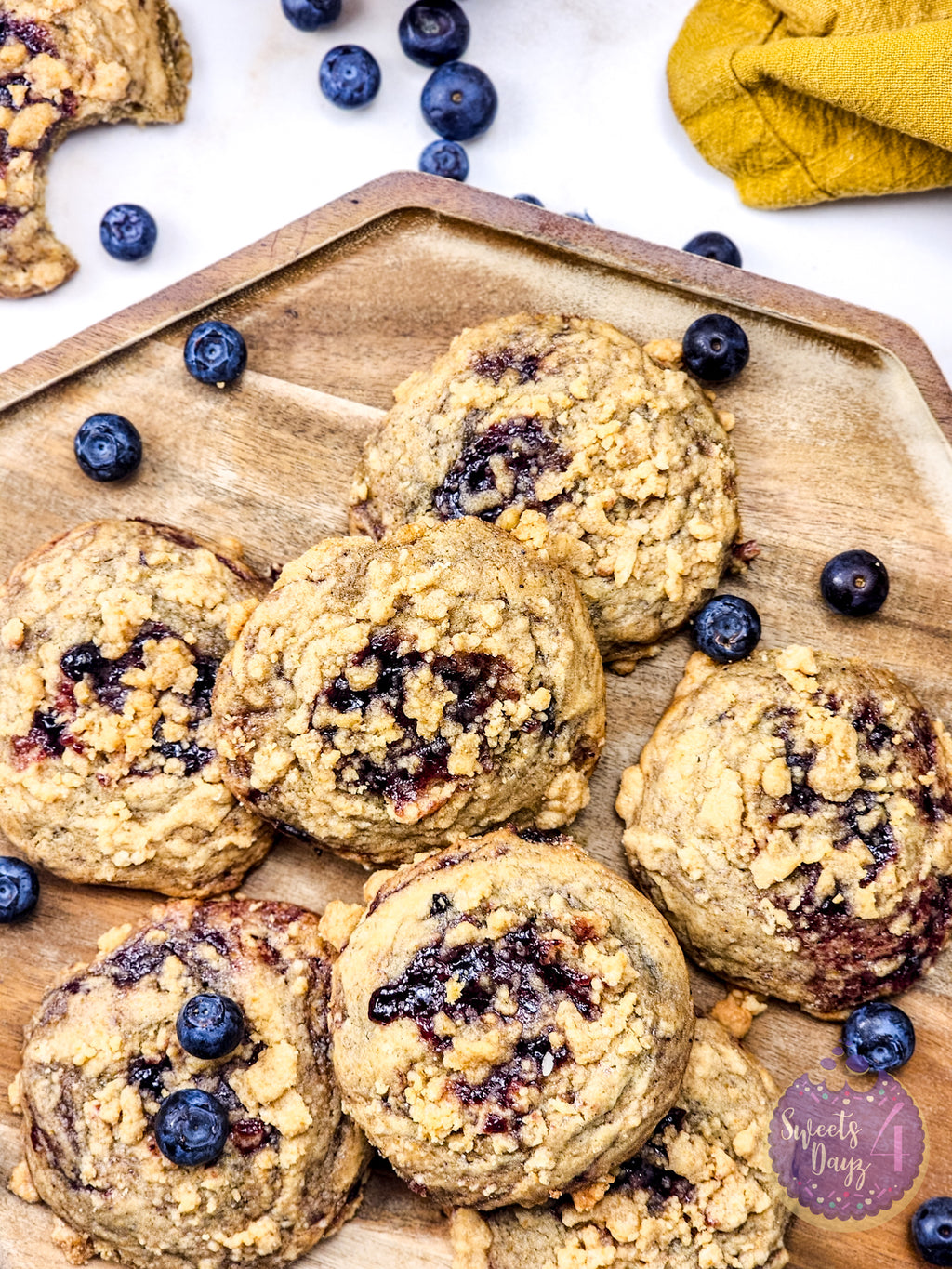 Blueberry Crumble Cookies on Gold Marble